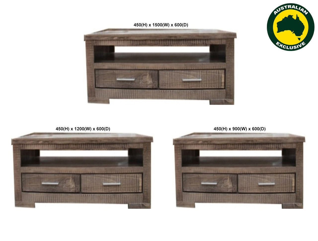 RUSTIC (AUSSIE MADE) 2 DRAWER COFFEE TABLE COLLECTION - ASSORTED STAINED COLOURS - STARTING FROM $599