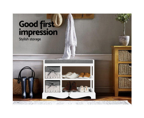 PALMYRA SHOE CABINET BENCH WITH 2 DRAWERS - WHITE & GREY