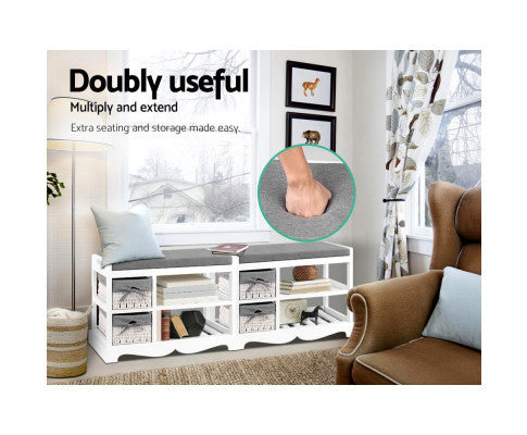 PALMYRA SHOE CABINET BENCH WITH 2 DRAWERS - WHITE & GREY