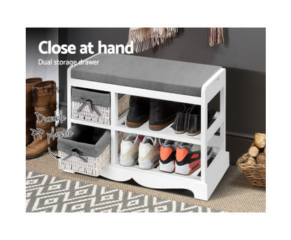PALMYRA SHOE CABINET BENCH WITH 2 DRAWERS - WHITE & GREY