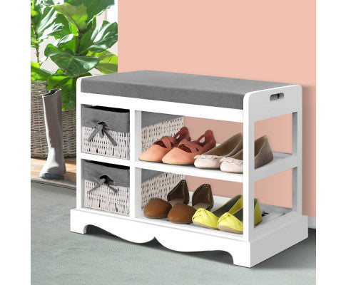PALMYRA SHOE CABINET BENCH WITH 2 DRAWERS - WHITE & GREY