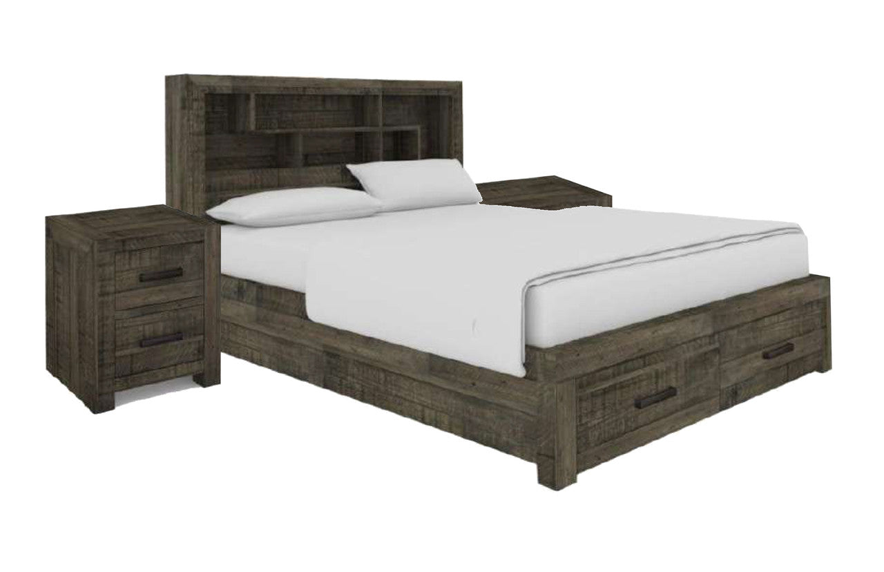 MUNICH QUEEN 3 PIECE (BEDSIDE) BEDROOM SUITE WITH UNDER BED STORAGE - GREY STONE
