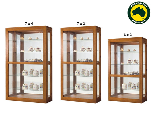 Shannon (AUSSIE MADE) Display Unit With Groove Top , 2 Side Doors , Mirrored Back Collection - Tassie Oak Combination - Assorted Stained Colours