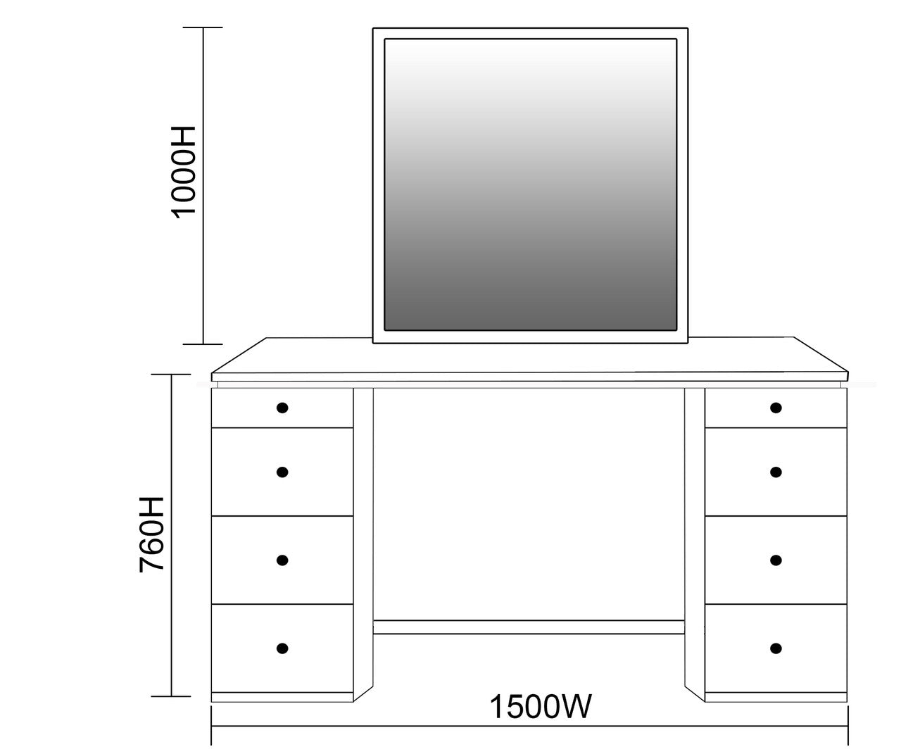 Ozark (AUSSIE MADE) Sit-in 8 Drawer Dresser & Mirror - 900/1900(H) X 1500(W) - Assorted Stained Colours