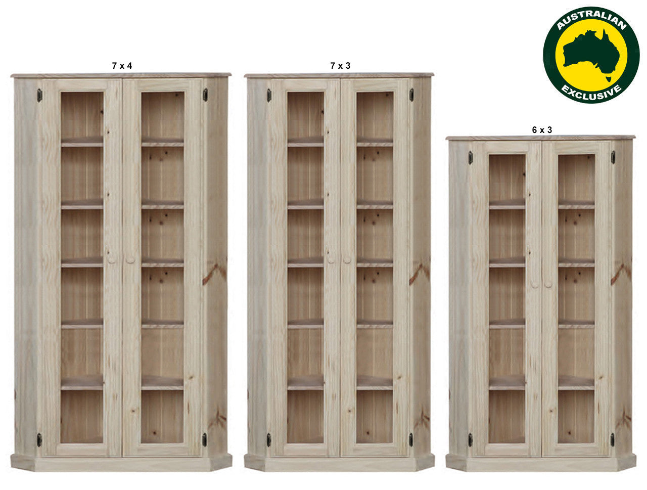 Swayde (AUSSIE MADE) 2 Full Glass Door Highline Corner Library Unit Collection - Assorted Stained Colours