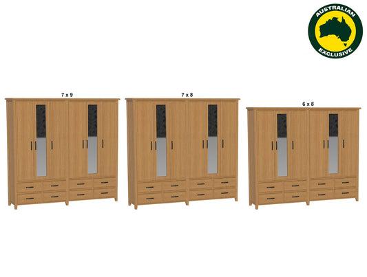 Sydneyside (AUSSIE MADE) 6 Door / 8 Drawer Mirror Robe - (3 SECTION) Pigeon Paired Collection - Tassie Oak Combination - Assorted Colours