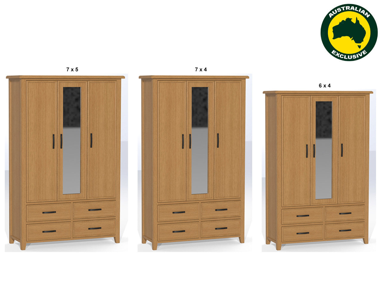 Sydneyside (AUSSIE MADE) 3 Door / 4 Drawer Mirror Robe Collection - Tassie Oak Combination - Assorted Stained Colours