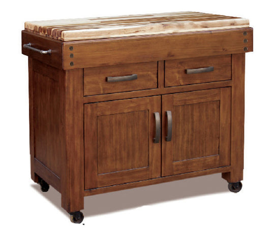 TAHOMA TIMEWORN BUTCHERS BLOCK / WORK BENCH WITH 2 DOORS & 2 DRAWERS - 860(H) X 950(W) X 560(D) - HARDWOOD TOP -  COUNTRY WALNUT