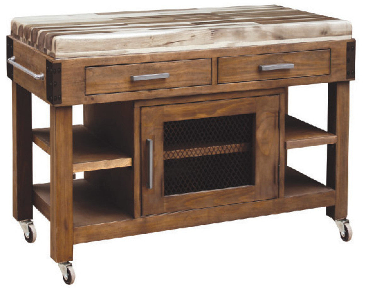 ANTIQUA TIMEWORN BUTCHERS BLOCK  / WORK BENCH - 2 DRAWER / 1 DOOR WORK BENCH  WITH SHELVES - 885(H) x 1250(W) x 560(D) - COUNTRY RUSTIC