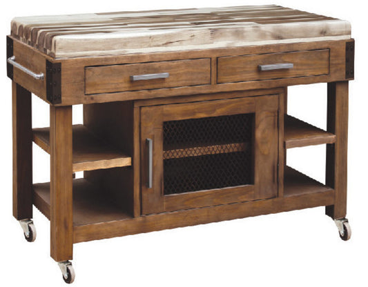 ANTIQUA TIMEWORN BUTCHERS BLOCK  / WORK BENCH - 2 DRAWER / 1 DOOR WORK BENCH  WITH SHELVES - 885(H) x 1250(W) x 560(D) - COUNTRY RUSTIC