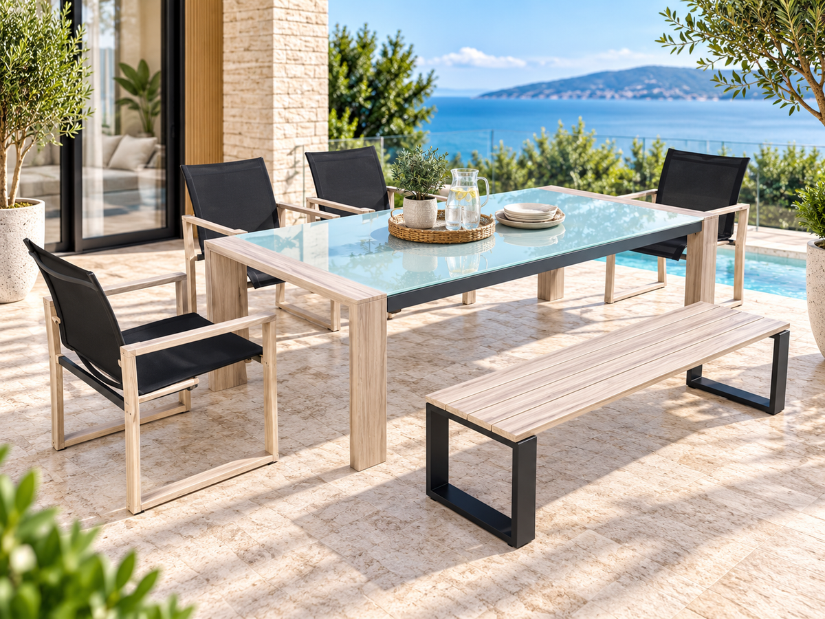Textilene 6-Piece Outdoor Dining Setting – Natural Finish Aluminium Frame