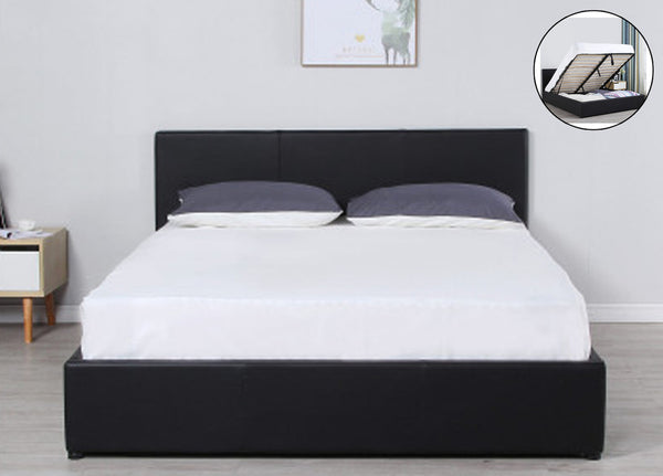 KING UMBREON LINEN FABRIC FRONT GAS LIFT BED FRAME WITH PLATFORM STORAGE - BLACK