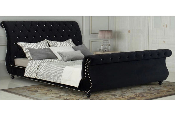 QUEEN  CANNES DESIGNERS FABRIC UPHOLSTERED BED FRAME WITH TUFTED HEADBOARD -  BLACK