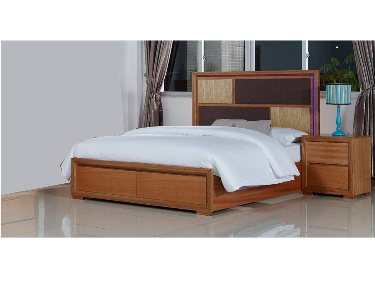 Queen Duas (614) Bed With LED Lights On Bedhead (MODEL 1-21-4-18-5-25) - Maple
