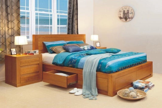QUEEN CLAREMONT / MORGAN DELUXE (AUSSIE MADE) TASSIE OAK COMBINATION BED WITH 4 UNDER BED STORAGE DRAWERS WITH 70MM THICK HARDWOOD BORDER - ASSORTED COLOURS