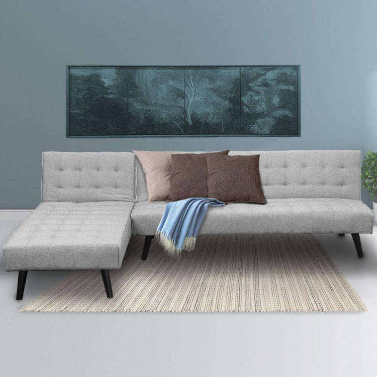 MERRICK 3-SEATER CORNER SOFA BED WITH LOUNGE CHAISE COUCH - LIGHT GREY