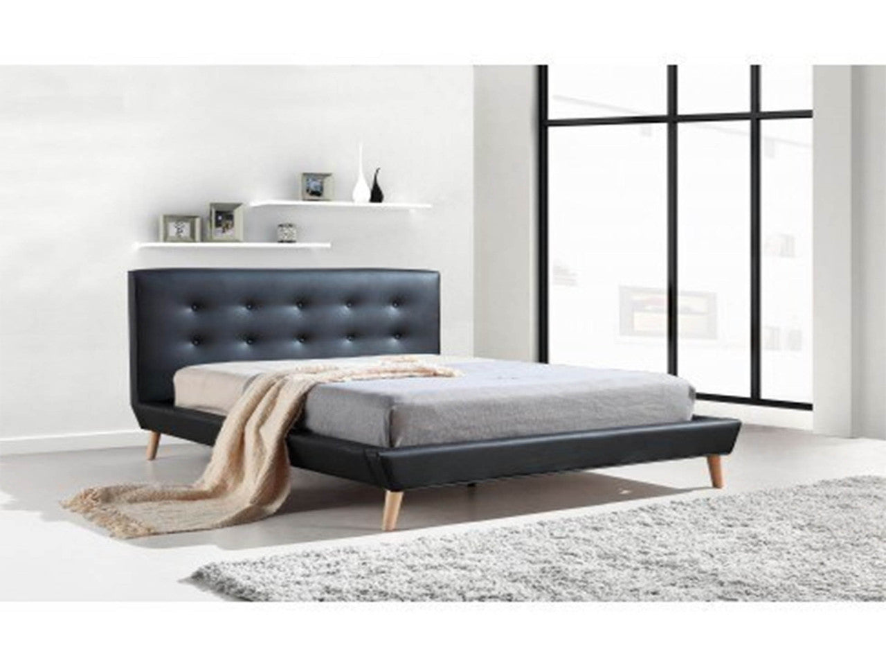 Deluxe Queen Leatherette Bed Frame With Tufted Headboard - Black