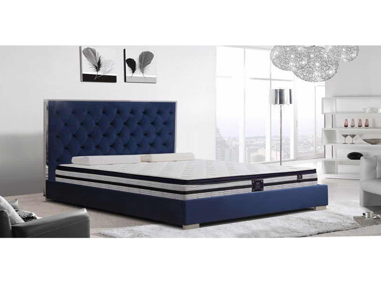 Queen Herington Velvet Fabric With Chrome Bed Head Frame - Blue / Silver