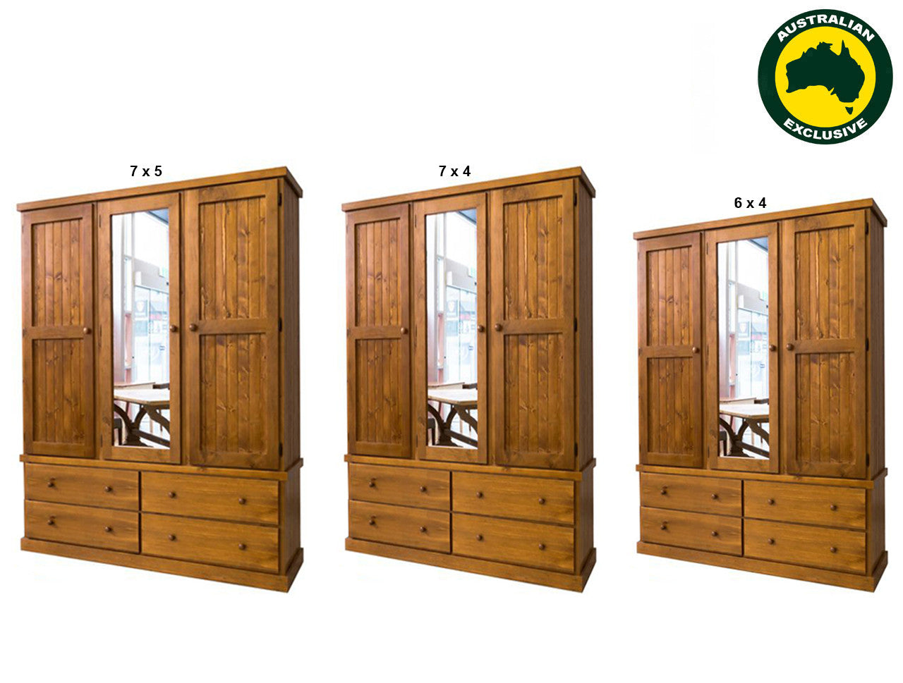 Urban (AUSSIE MADE) Flat Top With 3 Door & 4 Drawer Mirror Robe Collection - Assorted Stained Colours