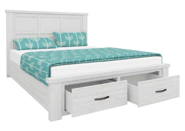 QUEEN MILDRED SOLID TIMBER BED FRAME WITH 2 FOOT END DRAWERS (6-12-15-9-14-1) - WHITE WASH