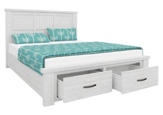 QUEEN MILDRED SOLID TIMBER BED FRAME WITH 2 FOOT END DRAWERS (6-12-15-9-14-1) - WHITE WASH