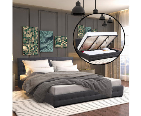 KING UMBREON LINEN FABRIC FRONT GAS LIFT BED FRAME WITH PLATFORM STORAGE - DARK GREY