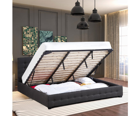 KING UMBREON LINEN FABRIC FRONT GAS LIFT BED FRAME WITH PLATFORM STORAGE - DARK GREY