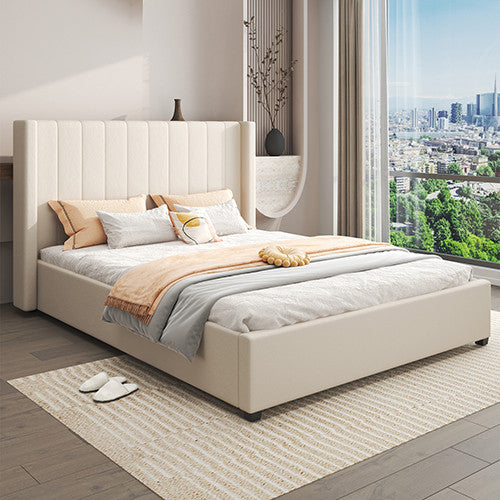 QUEEN FUDGE FABRIC LINEN BED WITH 4 SIDE DRAWERS - BEIGE