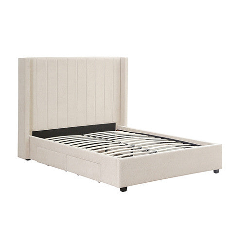 QUEEN FUDGE FABRIC LINEN BED WITH 4 SIDE DRAWERS - BEIGE