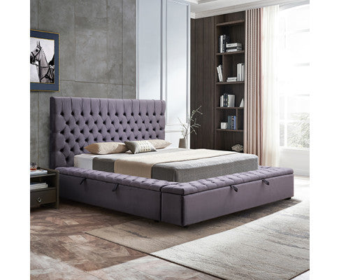 King Ridgen Velvet Fabric Bed Frame With Tufted Bedhead - Dark Grey