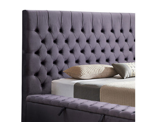 KING RIDGEN VELVET FABRIC BED FRAME WITH TUFTED BEDHEAD - DARK GREY