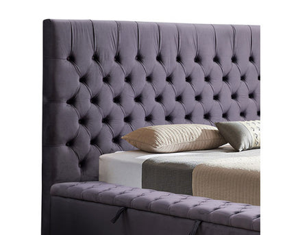KING RIDGEN VELVET FABRIC BED FRAME WITH TUFTED BEDHEAD - DARK GREY
