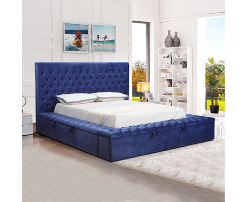 KING RIDGEN VELVET FABRIC BED FRAME WITH STORAGE - BLUE