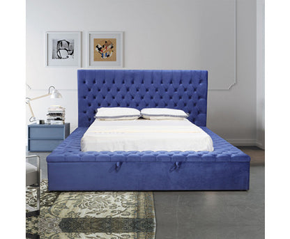 KING RIDGEN VELVET FABRIC BED FRAME WITH STORAGE - BLUE