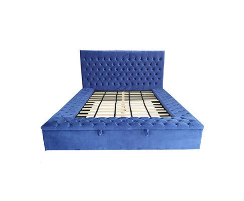 KING RIDGEN VELVET FABRIC BED FRAME WITH STORAGE - BLUE