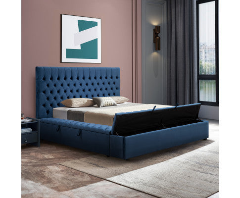 QUEEN RIDGEN BUTTONS VELVET BED WITH 3 STORAGE IN ALL THREE SIDES - BLUE