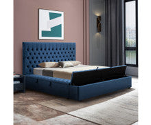 QUEEN RIDGEN BUTTONS VELVET BED WITH 3 STORAGE IN ALL THREE SIDES - BLUE