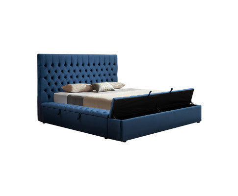 Queen Ridgen Buttons Velvet Bed With 3 Storage In All Three Sides - Blue
