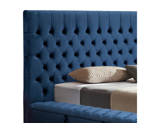 QUEEN RIDGEN BUTTONS VELVET BED WITH 3 STORAGE IN ALL THREE SIDES - BLUE