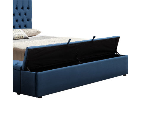 QUEEN RIDGEN BUTTONS VELVET BED WITH 3 STORAGE IN ALL THREE SIDES - BLUE