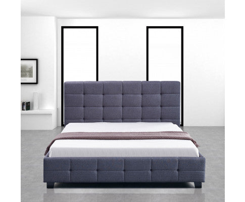 QUEEN MAGORIAN FABRIC BED AND BUTTON TUFTED HEADBOARD - GREY