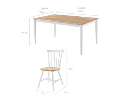 AURELIE SOLID RUBBERWOOD 7 PIECE DINING SETTING WITH 1500(L) x 900(W)- NATURAL OAK & WHITE