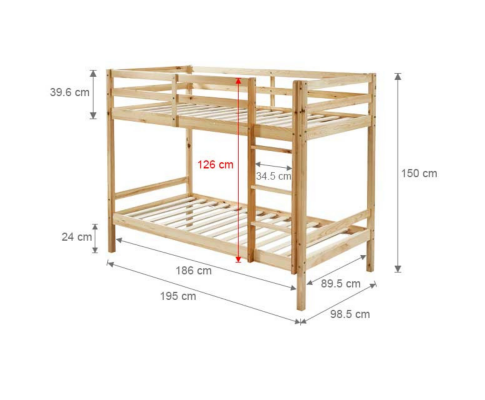 SINGLE OVER SINGLE 2 RAIL BUNK BED - NATURAL
