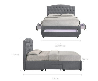 KING BRANTLEY FABRIC BED WITH UNDERBED STORAGE DRAWERS - LIGHT GREY