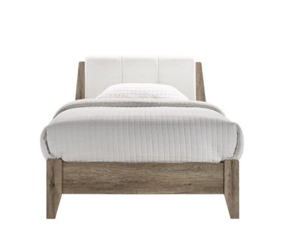 KING BARTEL WOODEN BED FRAME WITH LEATHER HEADBOARD - WHITE & LIGHT OAK