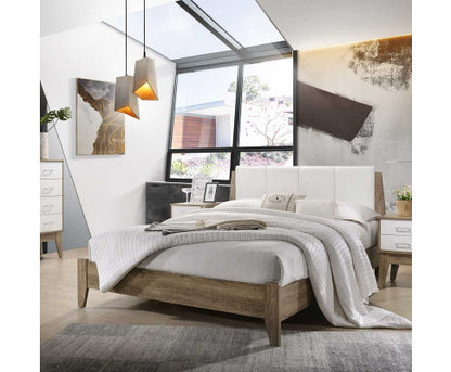 KING BARTEL WOODEN BED FRAME WITH LEATHER HEADBOARD - WHITE & LIGHT OAK