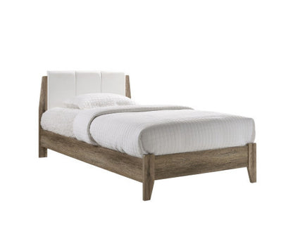 KING BARTEL WOODEN BED FRAME WITH LEATHER HEADBOARD - WHITE & LIGHT OAK