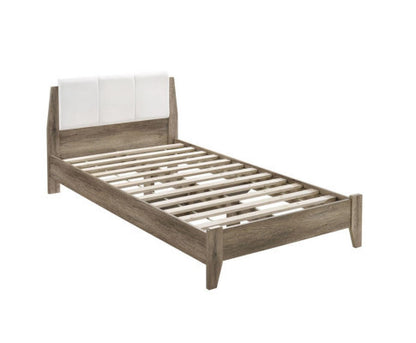 KING BARTEL WOODEN BED FRAME WITH LEATHER HEADBOARD - WHITE & LIGHT OAK