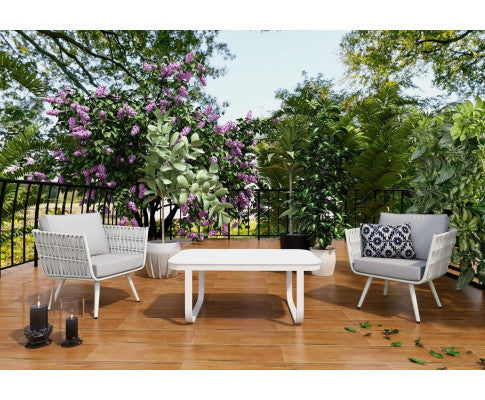 ELMBER OUTDOOR SINGLE SEATER SOFA WITH CUSHIONS - WHITE & LIGHT REY