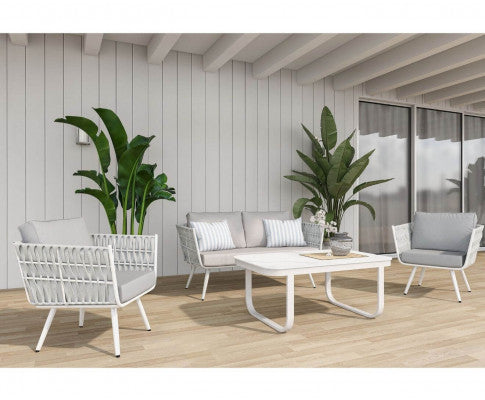 ELMBER OUTDOOR SINGLE SEATER SOFA WITH CUSHIONS - WHITE & LIGHT REY